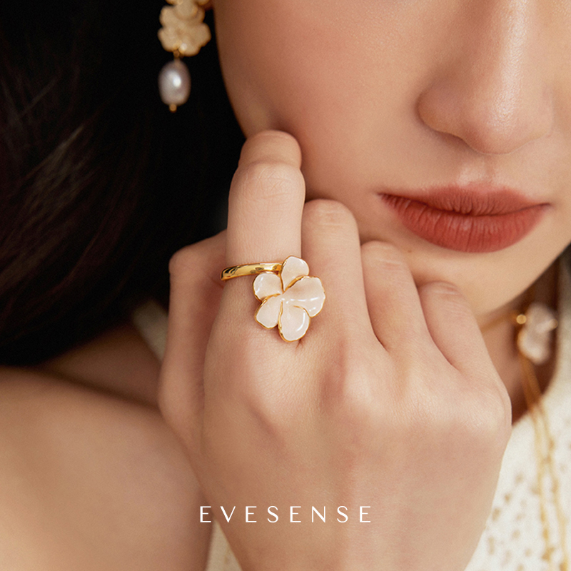 EVESENSE 铜合金戒指 原创中古设计珐琅花卉戒指复古简约开口戒