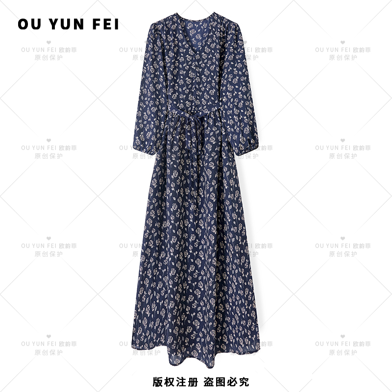 欧韵菲【玫瑰岛】温婉大方衣服气质显瘦穿搭时尚洋气印花长裙HD1000