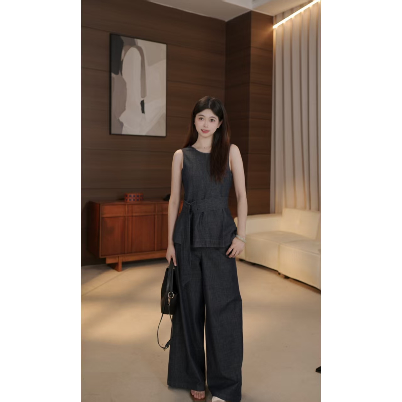 韩系新款夏季老钱风气质显瘦百搭无袖牛仔上衣阔腿裤两件套女