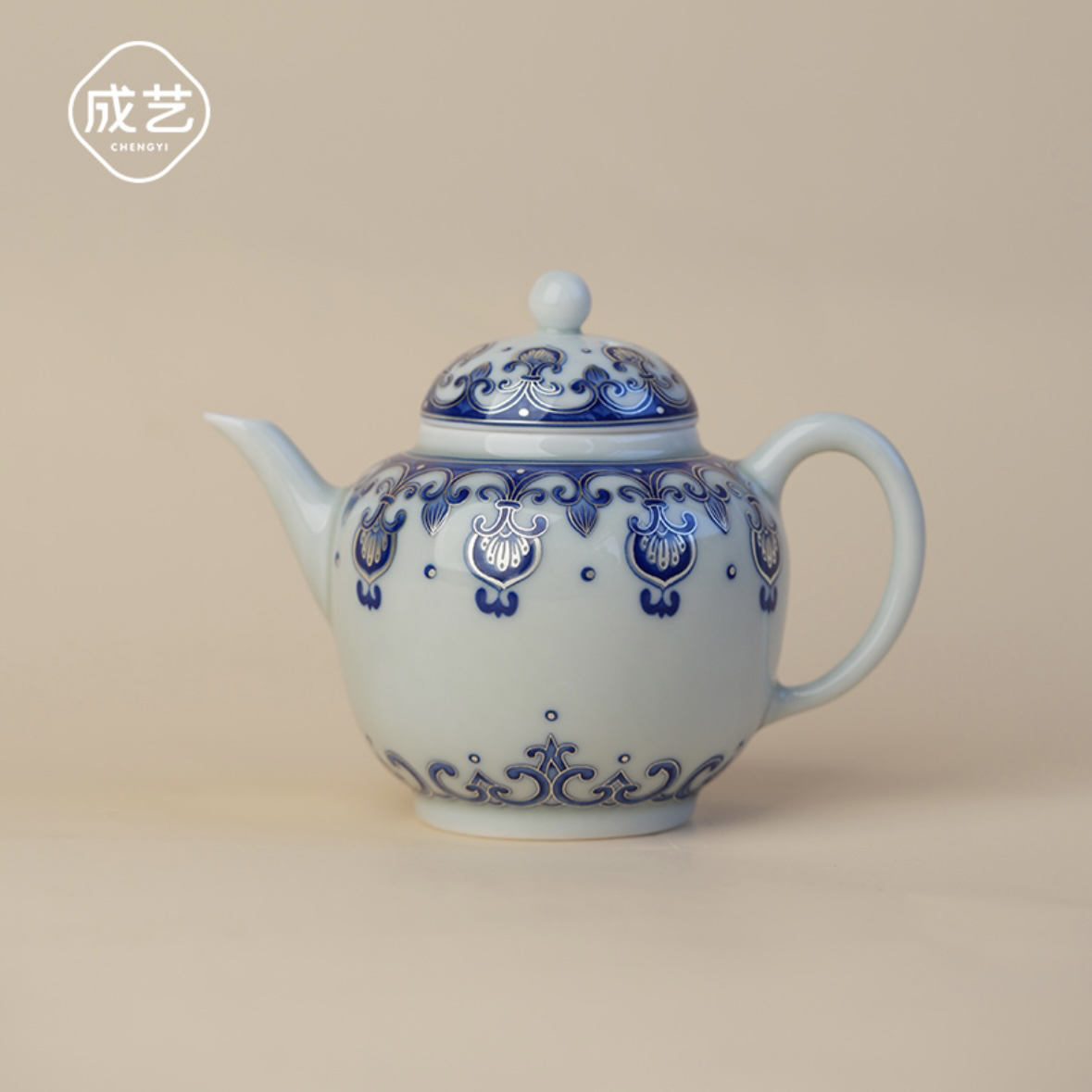 覆银宝相纹青花品壶功夫茶具陶瓷复古家用精美泡壶过滤小号茶壶