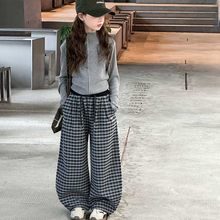 女童套装春秋季2025新款中大童时髦针织开衫小女孩秋款格子阔腿裤