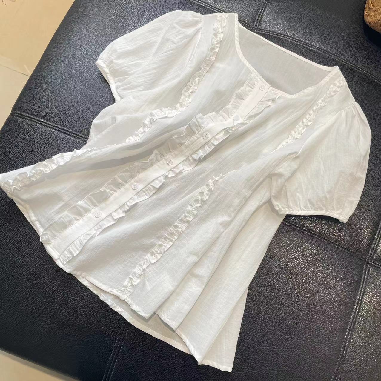 CS384夏装新款圆领短袖宽松休闲木耳花边衬衫女士