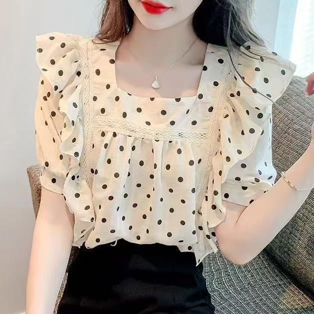 甜美方领短袖衬衫女夏季新款设计感小众别致甜辣波点上衣9276
