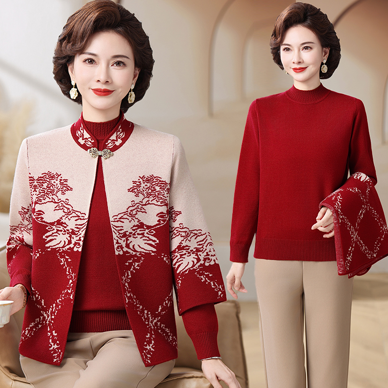 洋气妈妈装秋冬唐装针织外套中老年女装毛衣红色喜庆两件套装1795