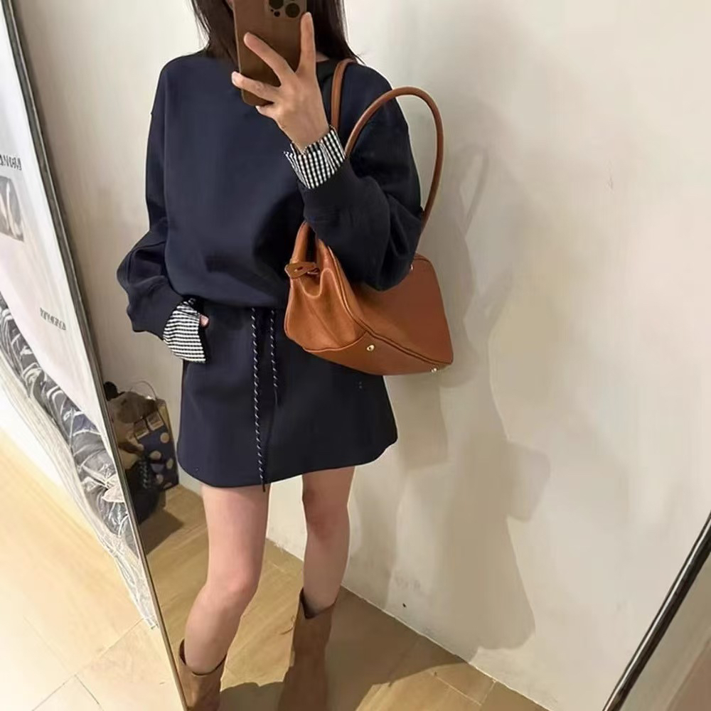 【刘噗噗】卫衣+短裙 两件套  拼接格子休闲套装