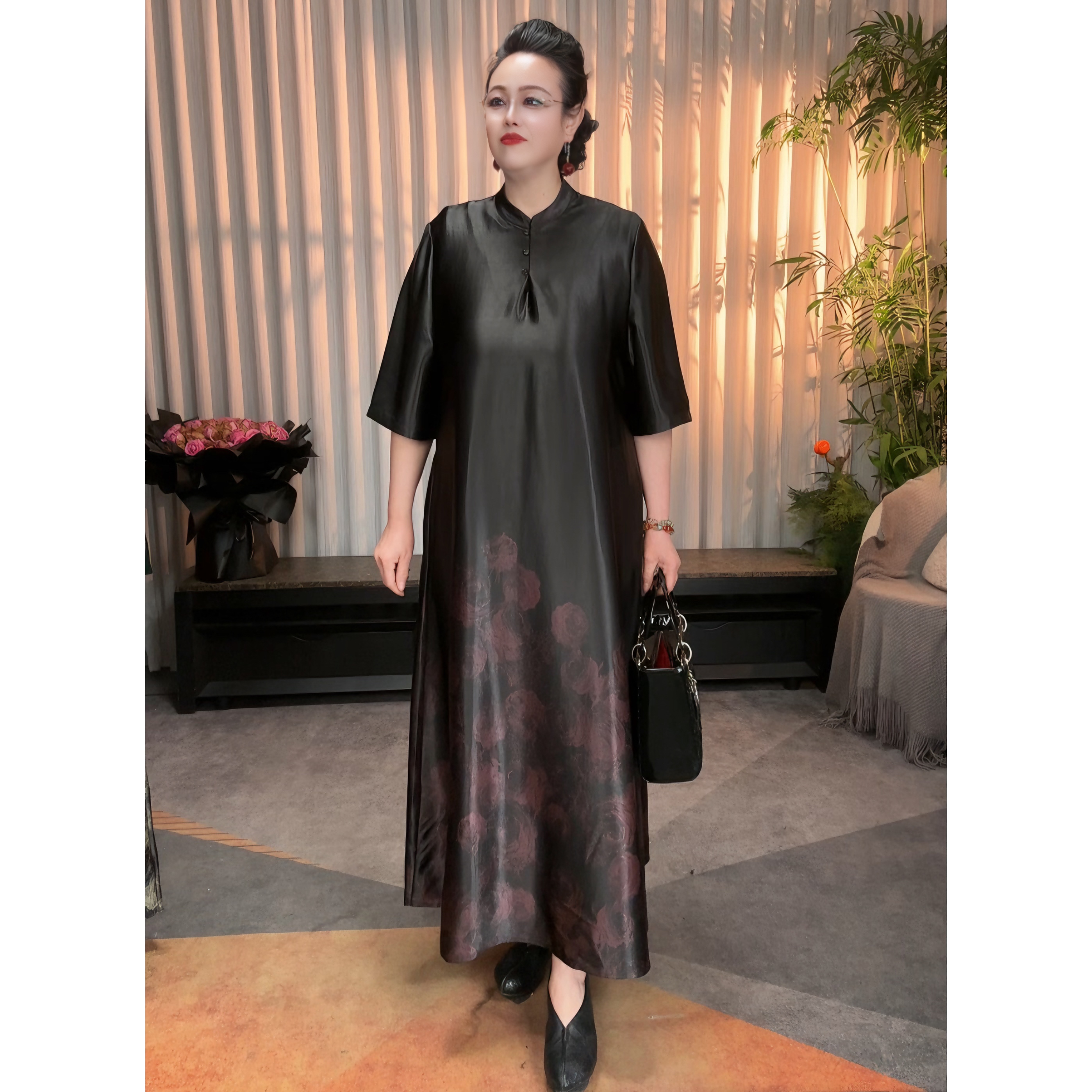 新中式时尚复古立领宽松显瘦连衣裙优雅气质长裙国风设计 A7