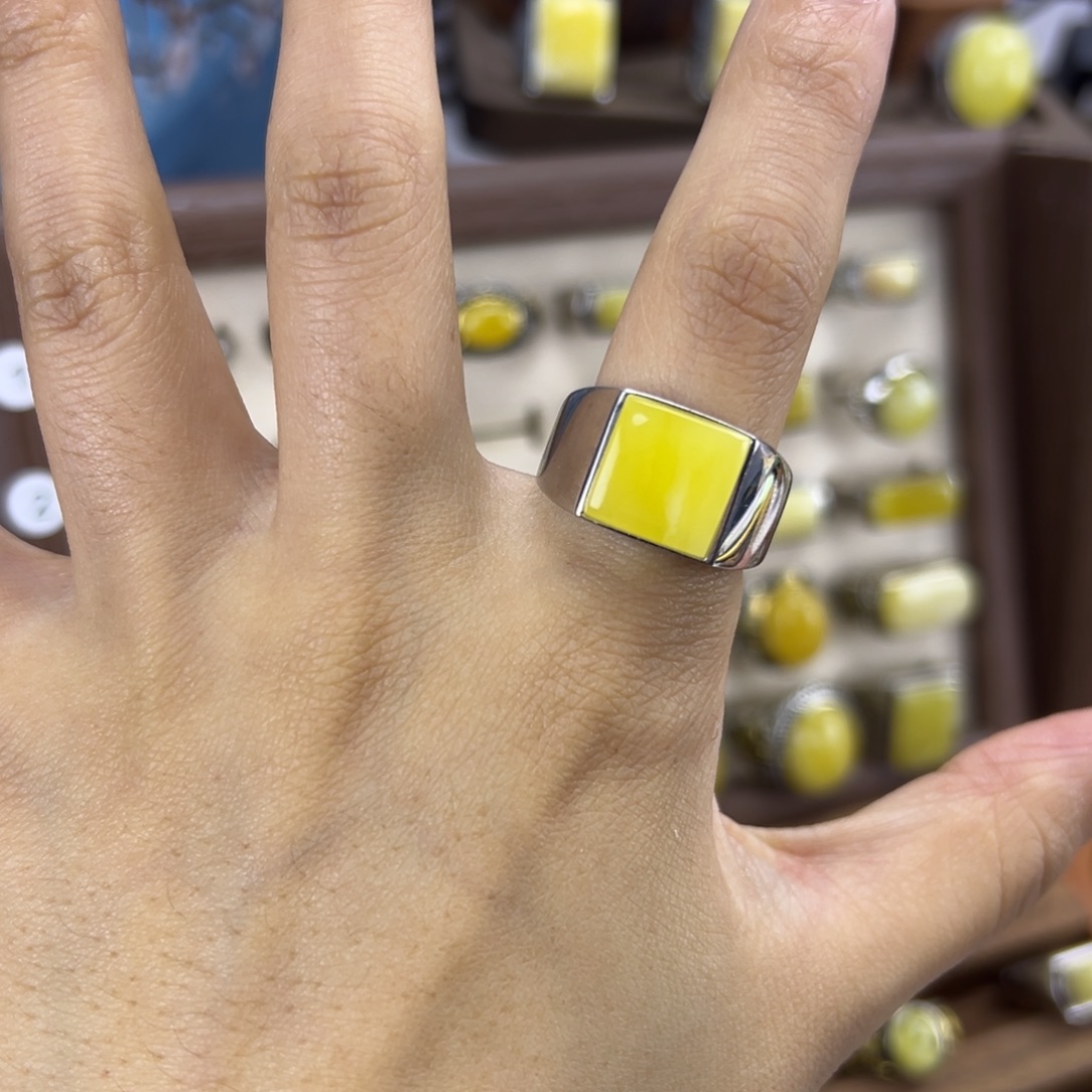 快***心琥珀银S925镶嵌戒指琥珀蜜蜡镶嵌戒指