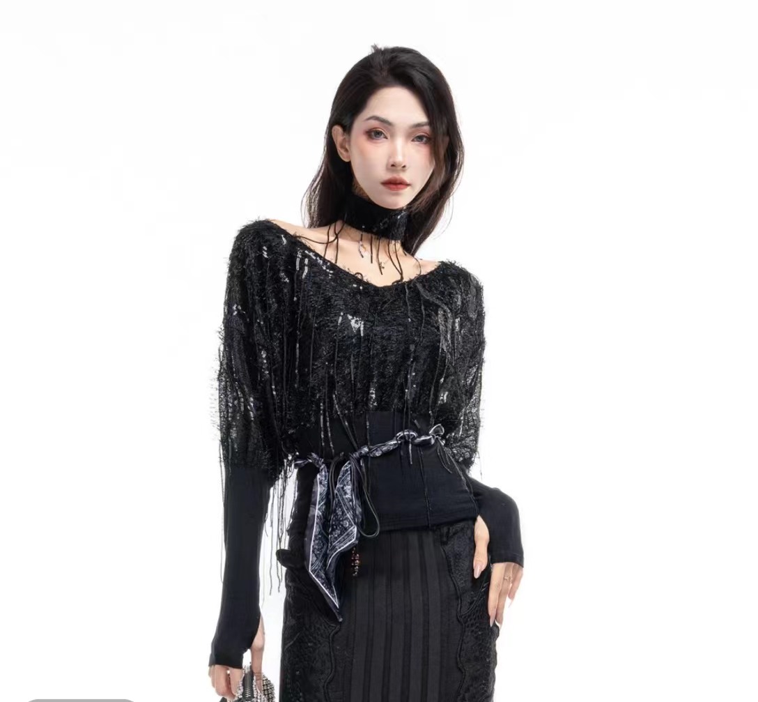 2025新款小众设计师品牌亮片流苏秋冬羊毛上衣重工钉珠百搭显瘦女