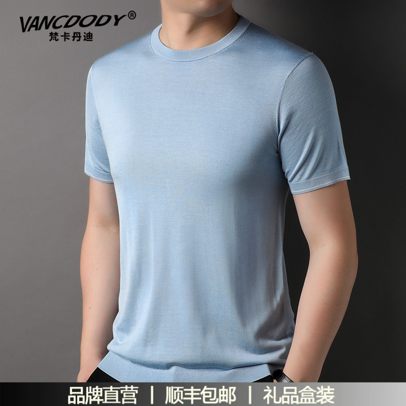 梵卡丹迪桑蚕丝短袖t恤男2025夏季新款圆领纯色休闲真丝薄款上衣
