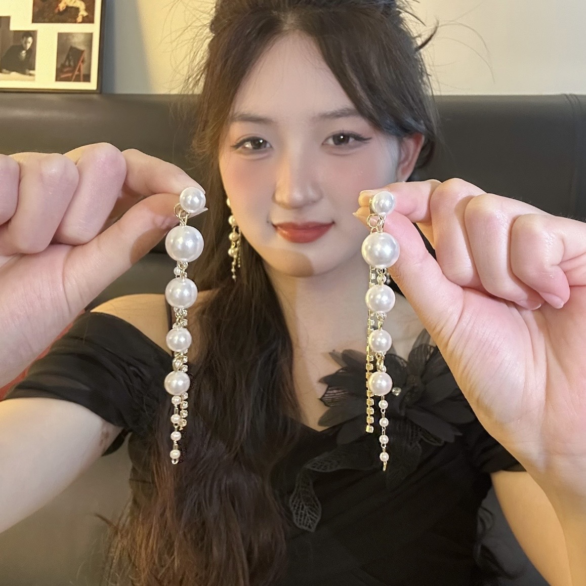 铜合金耳饰 超仙珠珠流苏耳环轻奢小众百搭耳钉长款高级感女耳饰商品图