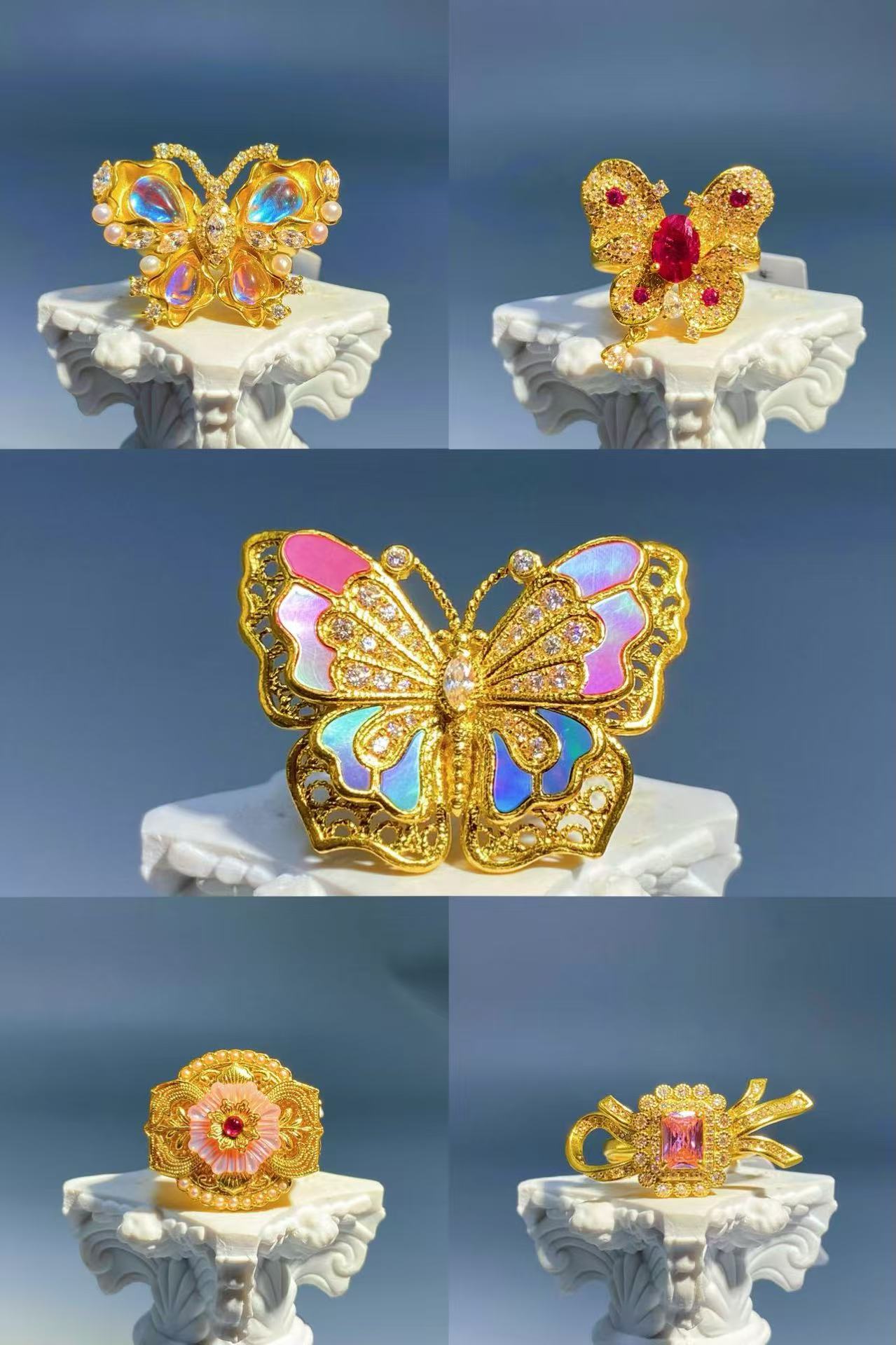 黄金足金999 黄金镶嵌精美蝴蝶黄金戒指精致时尚高级感满满
