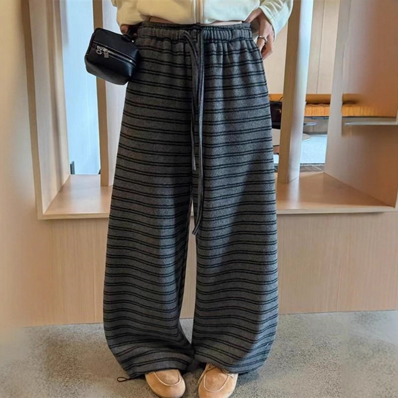 韩版新款条纹高腰阔腿裤长裤女秋冬加绒加厚百搭休闲裤运动裤卫裤