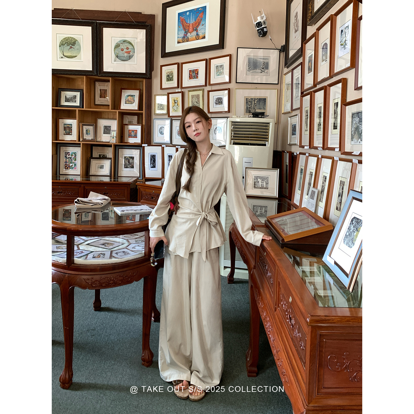 外卖到了【雾色浮迹】绑带收腰衬衫时尚上衣天丝亚麻休闲裤WM5GSC26