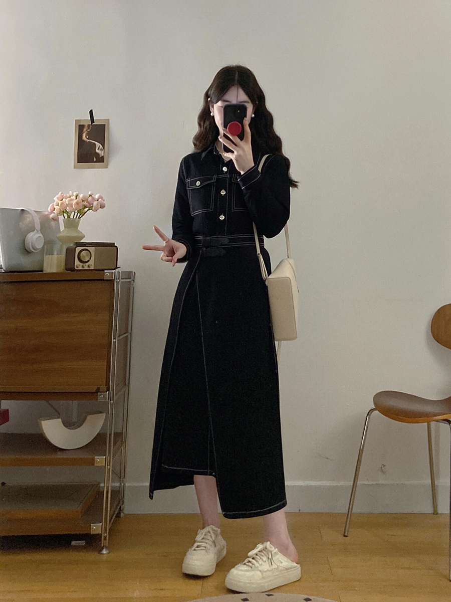 大码女装秋季法式时尚气质休闲宽松收腰显瘦中长款牛仔连衣裙女