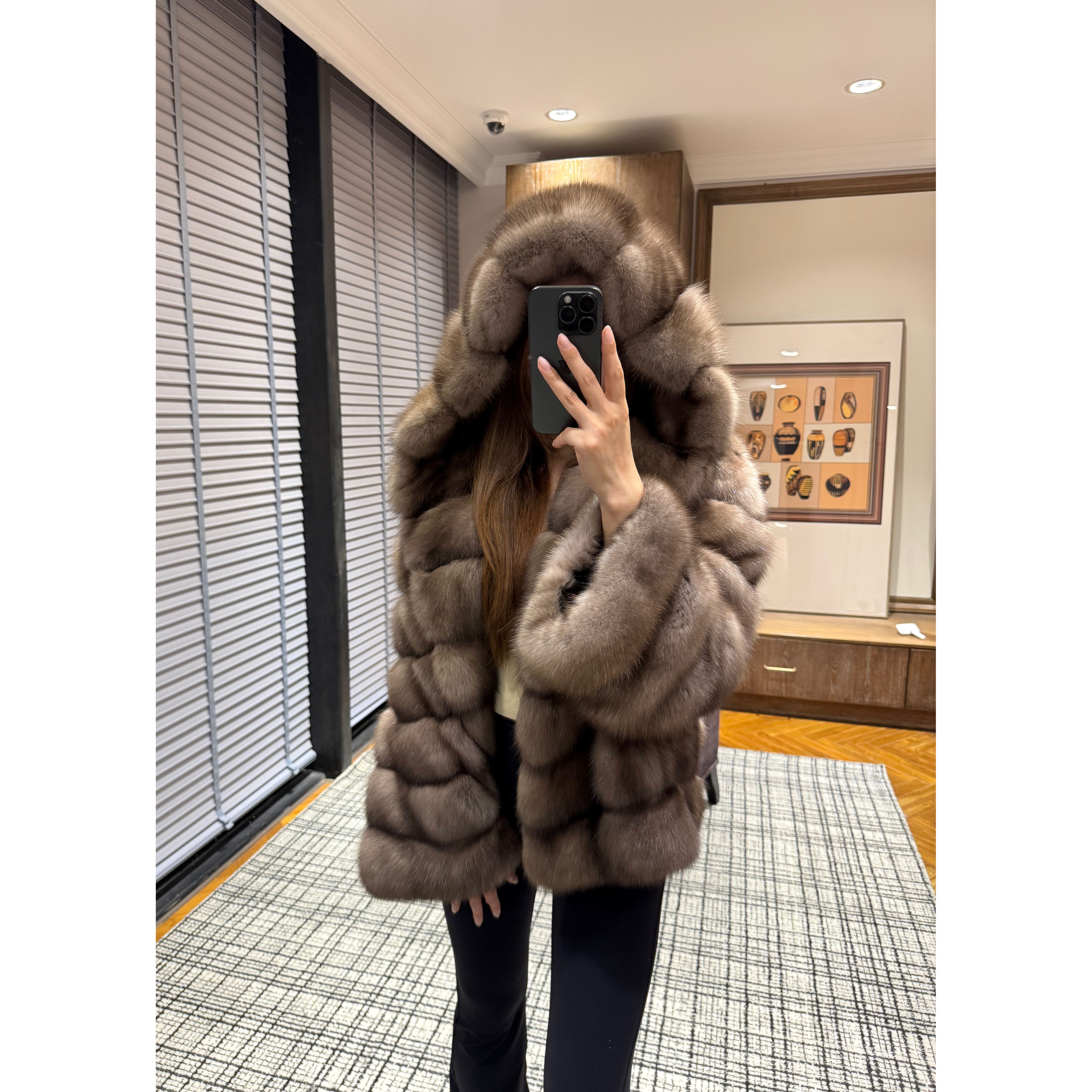 讴咪 意大利lavende色2025新款披肩帽俄罗斯皮草大衣外套女 OM272