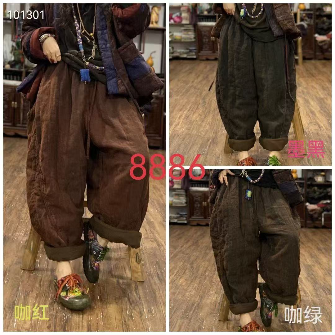 亚麻手工擦色松紧腰直筒裤冬季新款炒色做旧宽松棉裤（裤长100）
