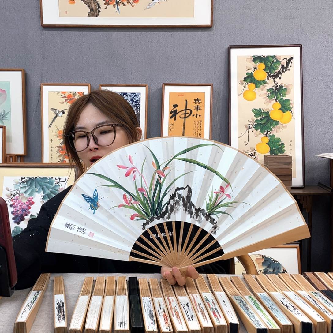 国画10寸玉竹-纯手绘-文玩扇骨（默认粘好）