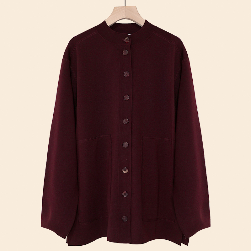 【棕红】纯色复古百搭文艺圆领螺纹长袖上衣棉羊毛针织开衫女