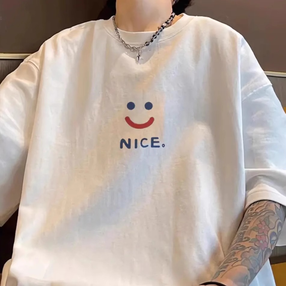 美式潮牌复古笑脸休闲简约短袖t恤男士纯棉夏季港风半袖重磅上衣