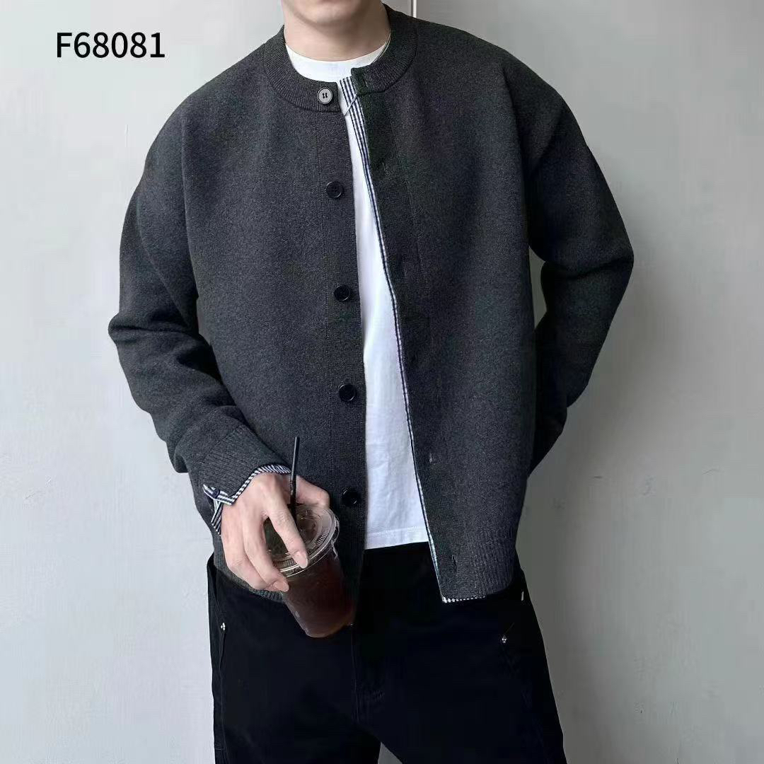 秋冬男士简约纯色宽松百搭圆领针织开衫毛衣外套