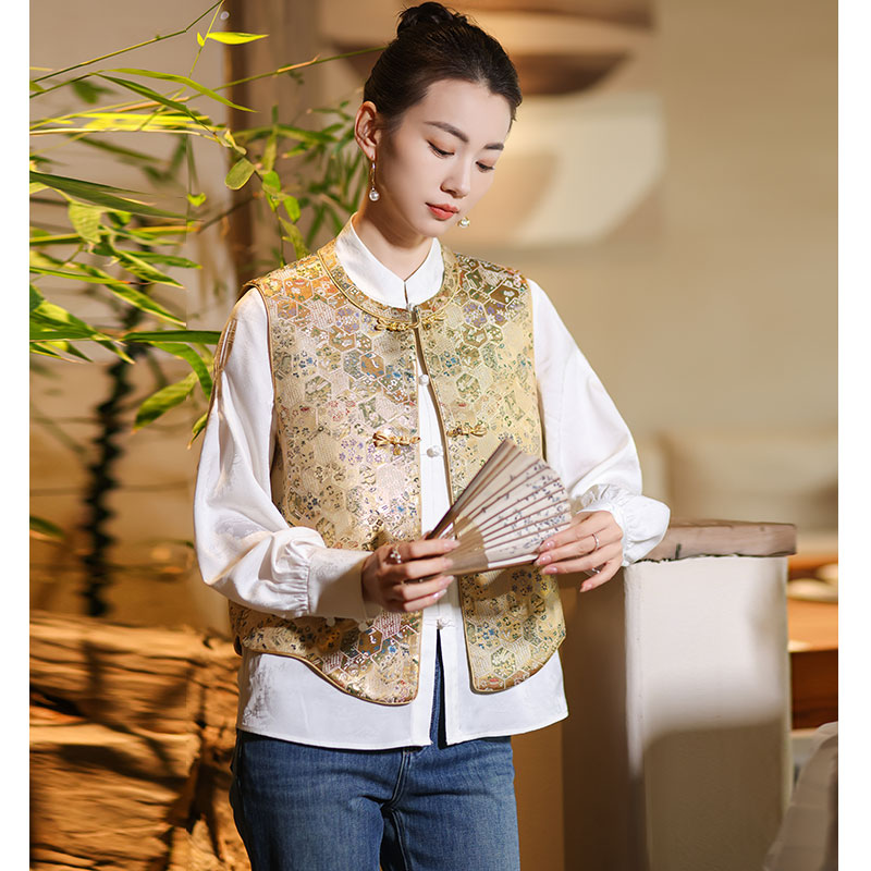 新中式宋锦提花国风马甲2025春季新款原创设计改良圆领上衣坎肩