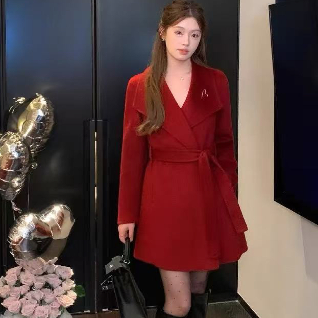 翻领气质双面羊绒正肩小个子收腰红色2025新秋冬高级感西装外套