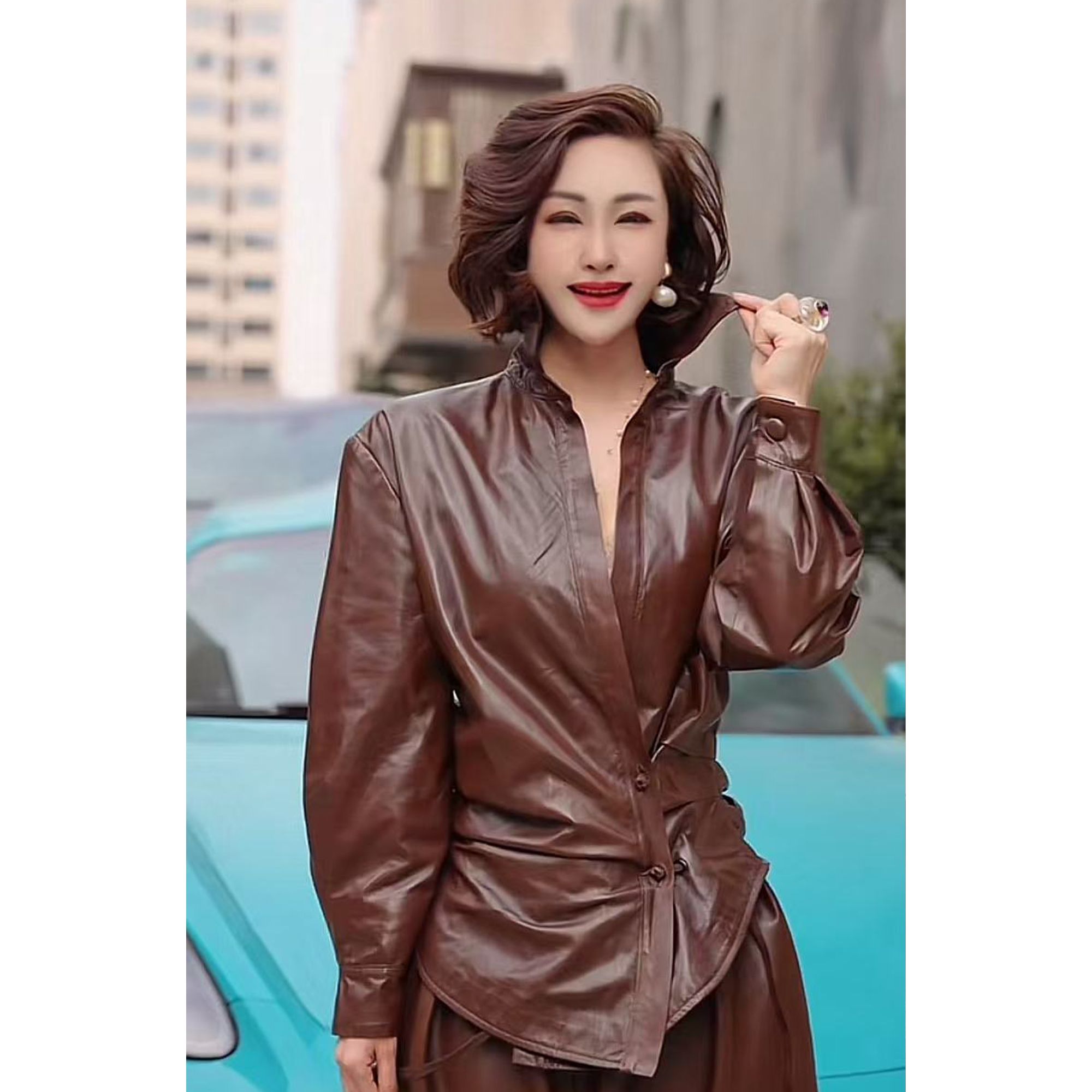 【棕咖色绵羊皮衬衣+垮裤套装】FJ2609-1衬衣+FJJ1925洋气百搭