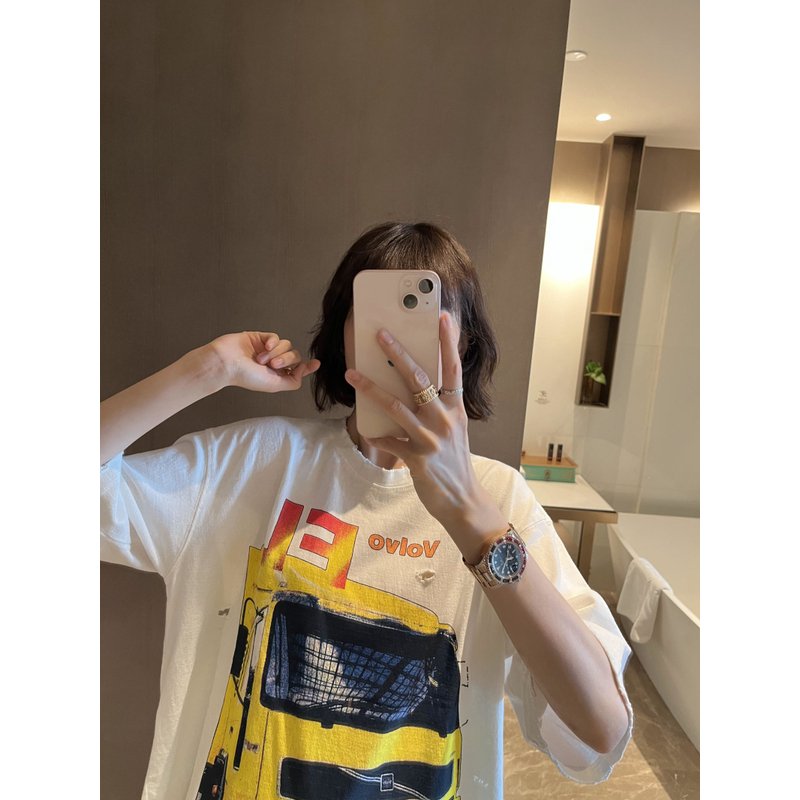 ◆张静芝 卡通货车图案印花割破边厚实棉宽松打底T恤女