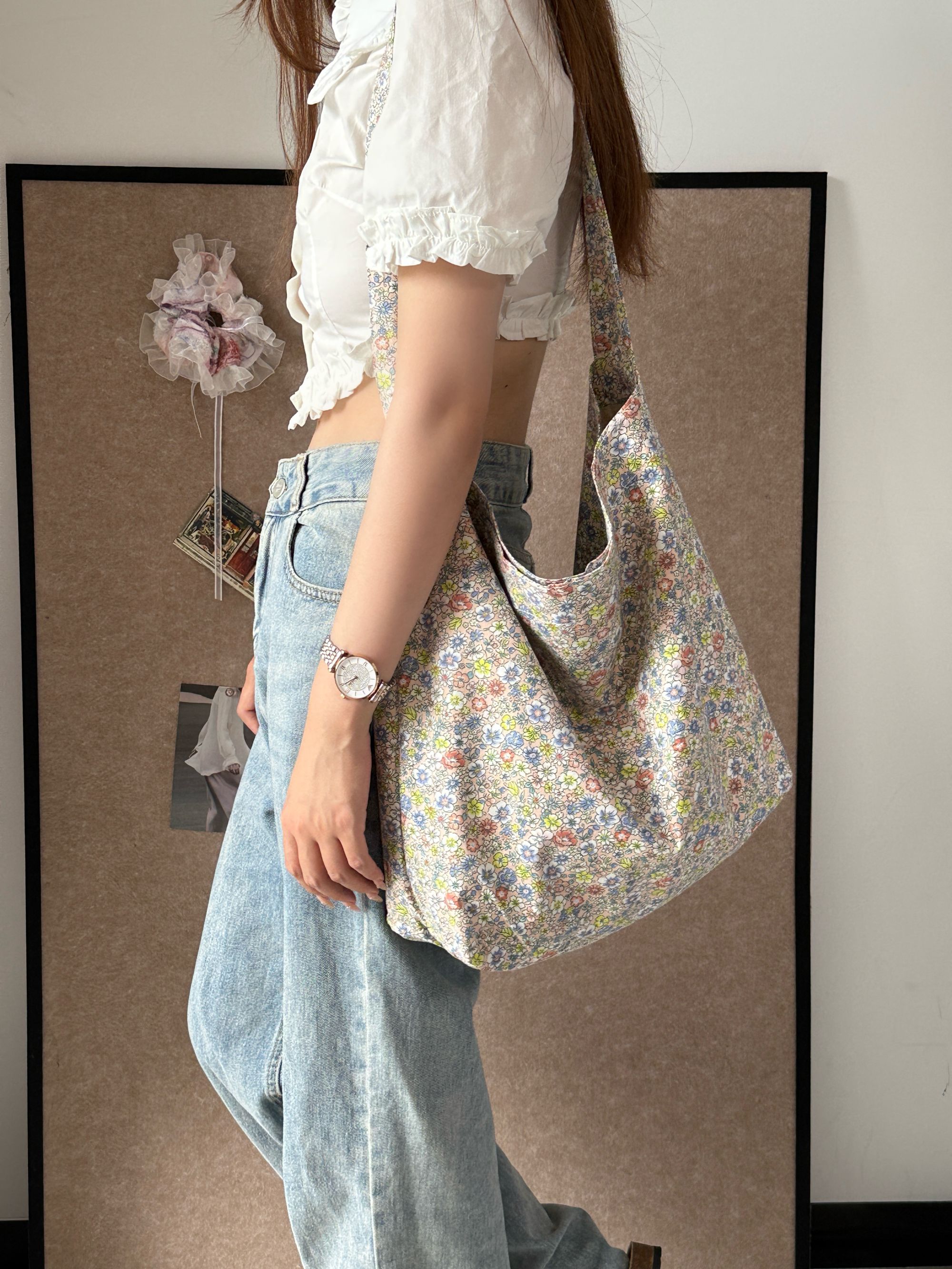 【菜芽子】2025新款通勤碎花托特包包女大容量休闲帆布单肩斜挎包