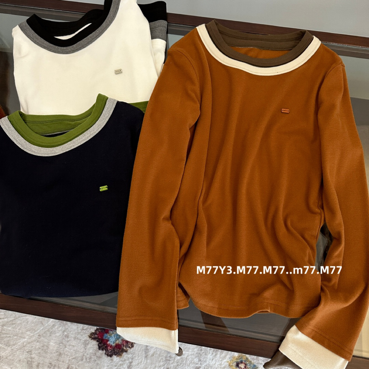 77361撞色圆领长袖T恤女韩系休闲百搭刺绣字母打底衫上衣