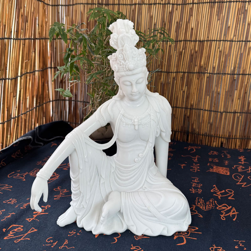 石雕水月观音自在像佛像创意禅意适合茶空间客厅家里装饰摆件
