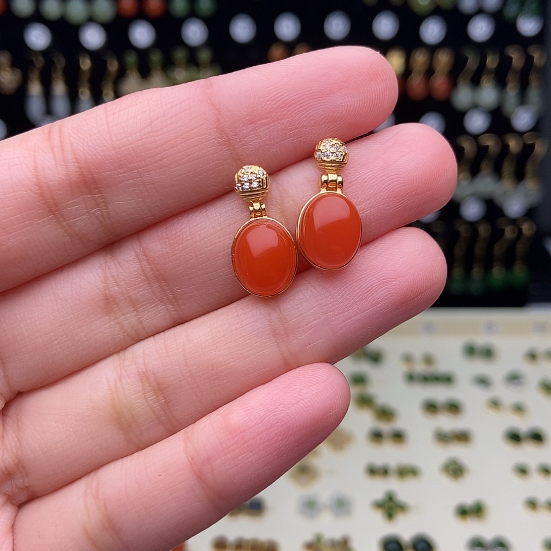 和田玉银S925镀金镶嵌耳饰