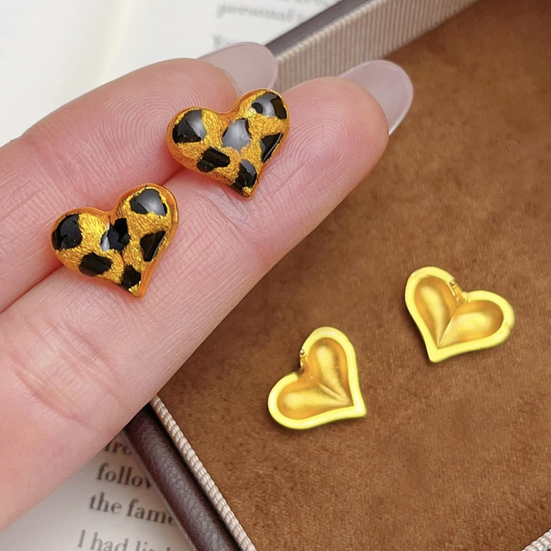 非金属珐琅耳饰 金色 爱心豹纹耳环 K456