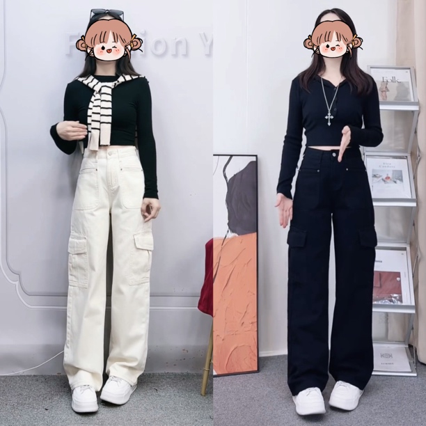 高腰显瘦多口袋秋季女款工装直筒牛仔裤时尚百搭小个子阔腿裤