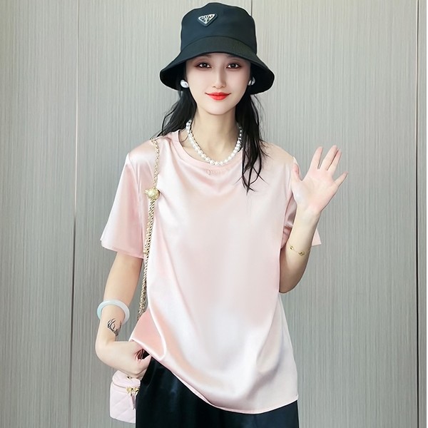 19姆米桑蚕丝弹力缎圆领百搭真丝短袖t恤女上衣DX039