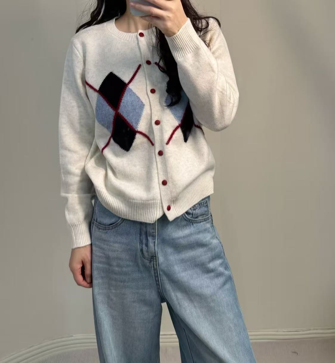 梵星·高定 暮色菱格/秋冬厚款复古显瘦软糯针织毛衣开衫