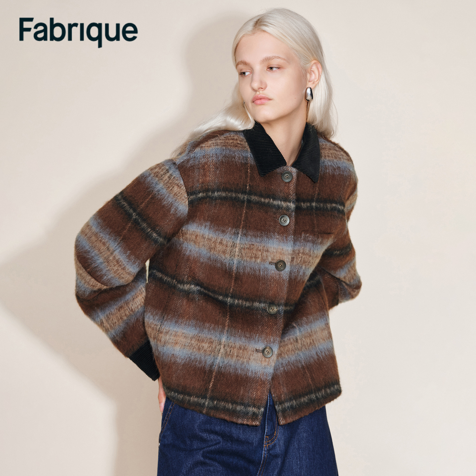 Fabrique Audrey 灯芯绒拼接格纹衬衫式双面呢短大衣