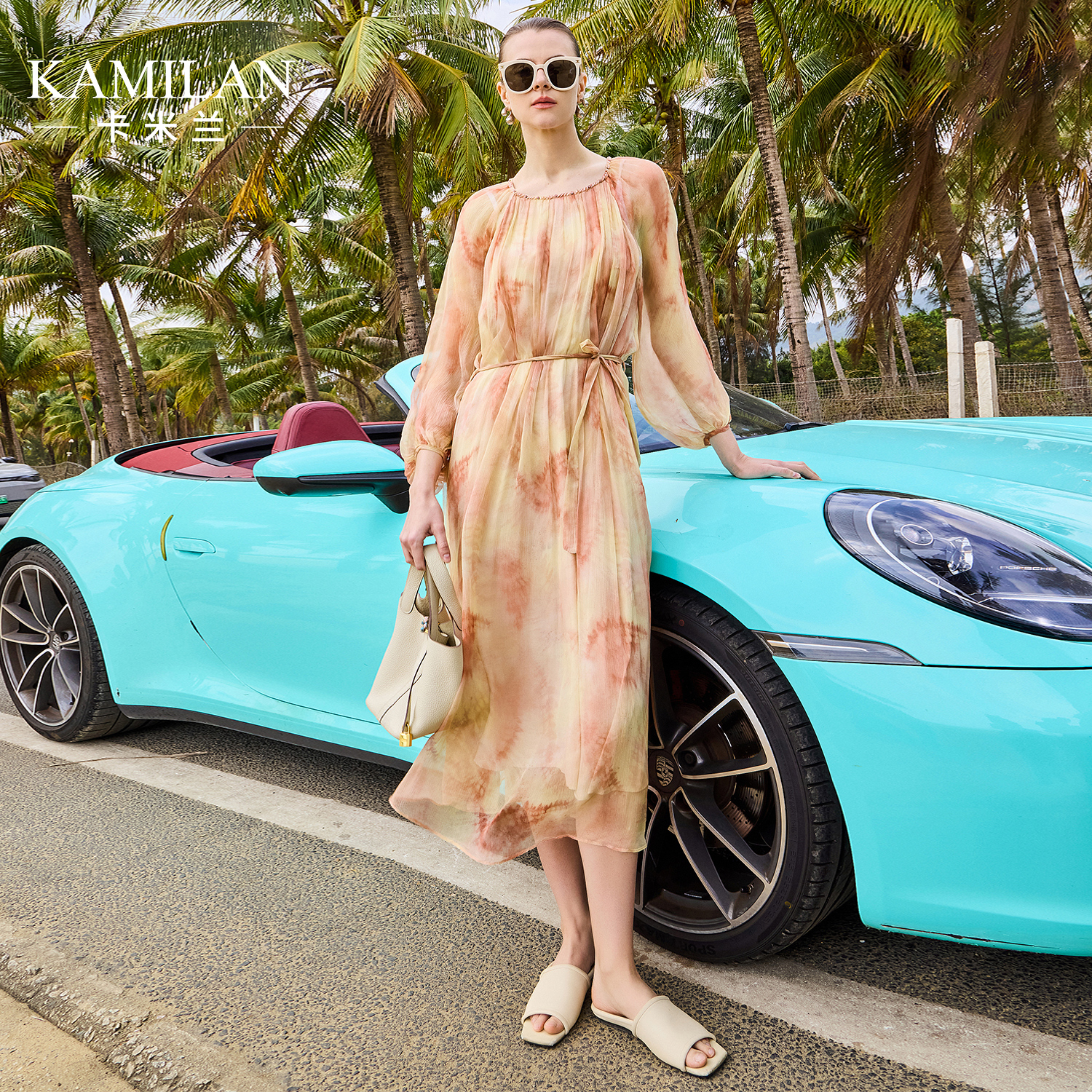 [100桑蚕丝]卡米兰法式度假真丝连衣裙女2025春夏新款宽松中长裙