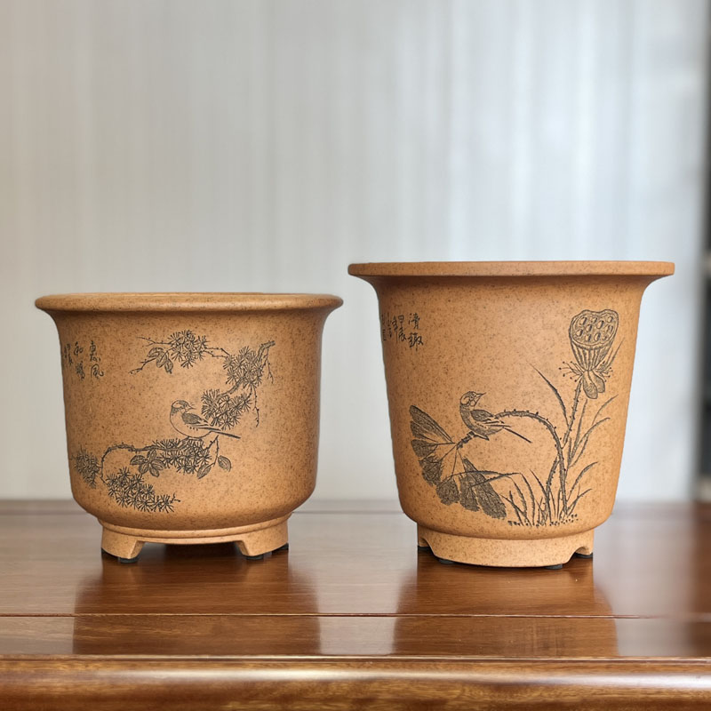 壶盆皆友宜兴紫砂花盆手工精品唯珍刻绘金钟中型柴烧透气春建兰盆