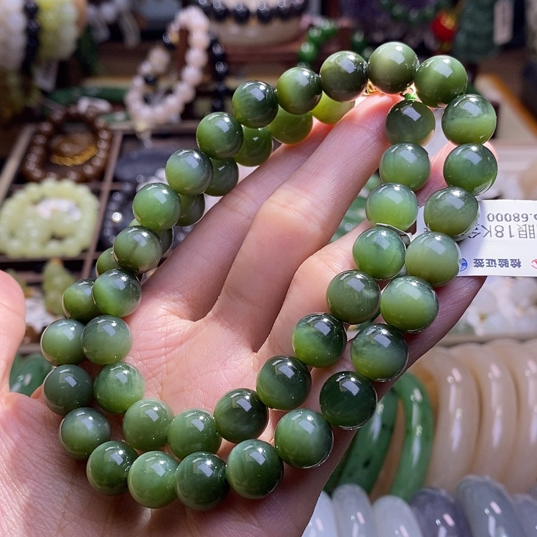 和田玉未镶嵌颈饰碧玉金镶猫眼妈妈链10MM