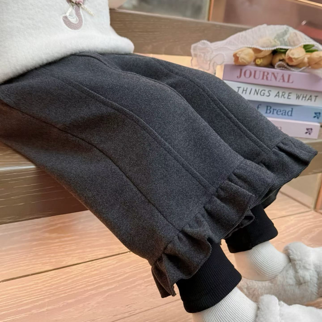 秋冬季男女童假两件加绒加厚韩版高腰保暖休闲阔腿长裤