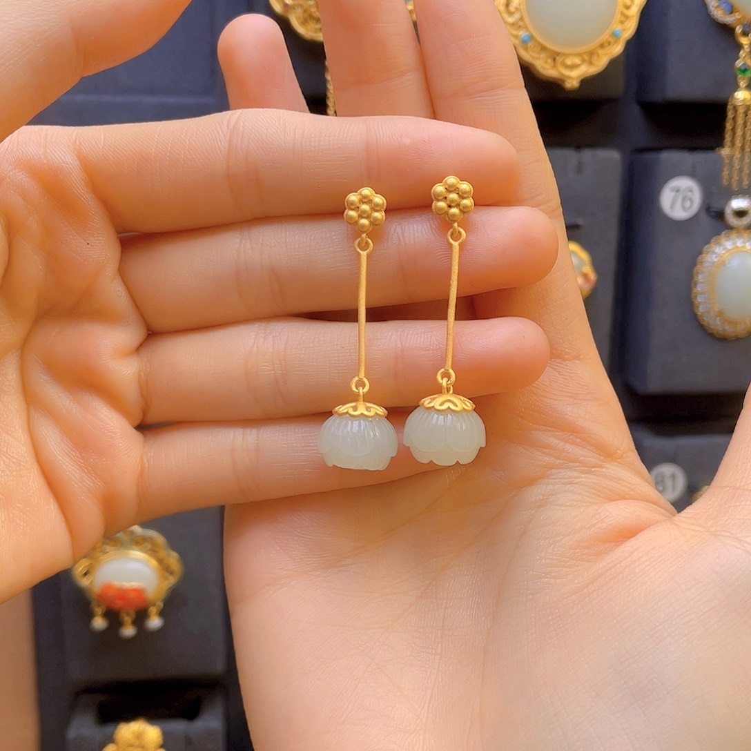 和田玉耳饰银S925镀金镶嵌