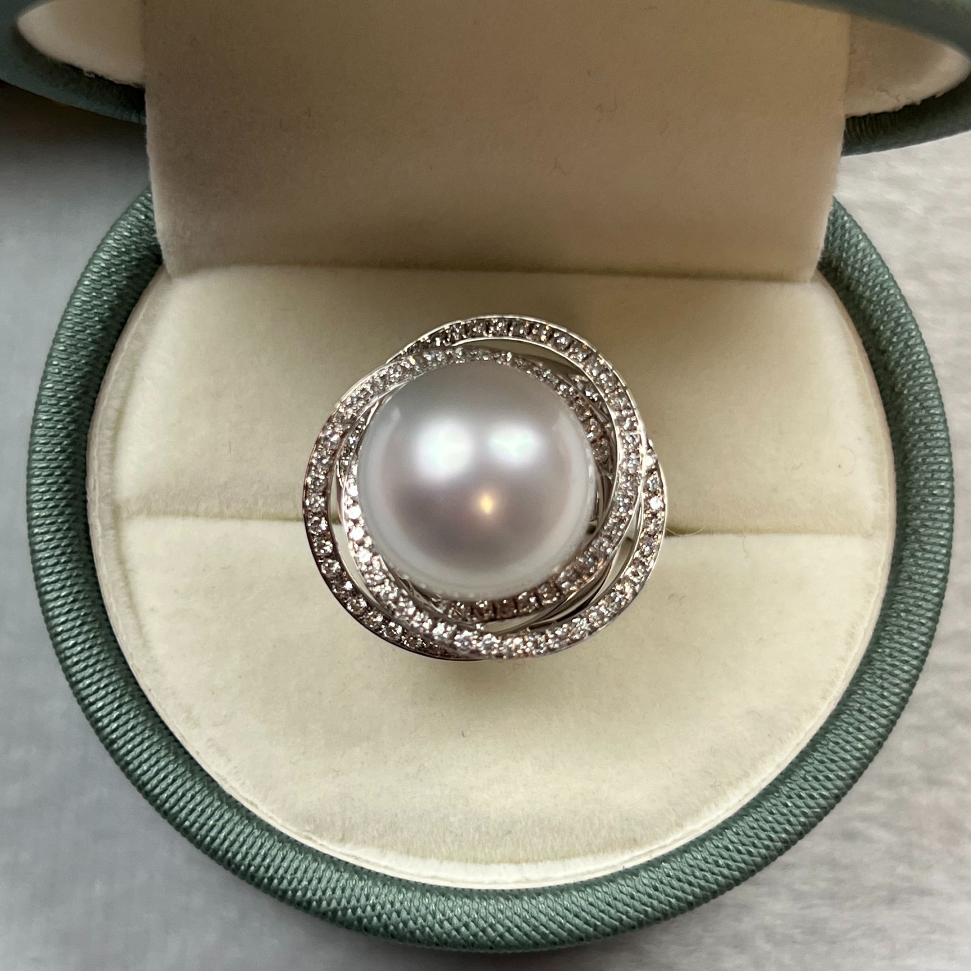 海水珍珠澳白珍珠戒指18k金镶钻13-14mm正圆极强光气质时尚优雅