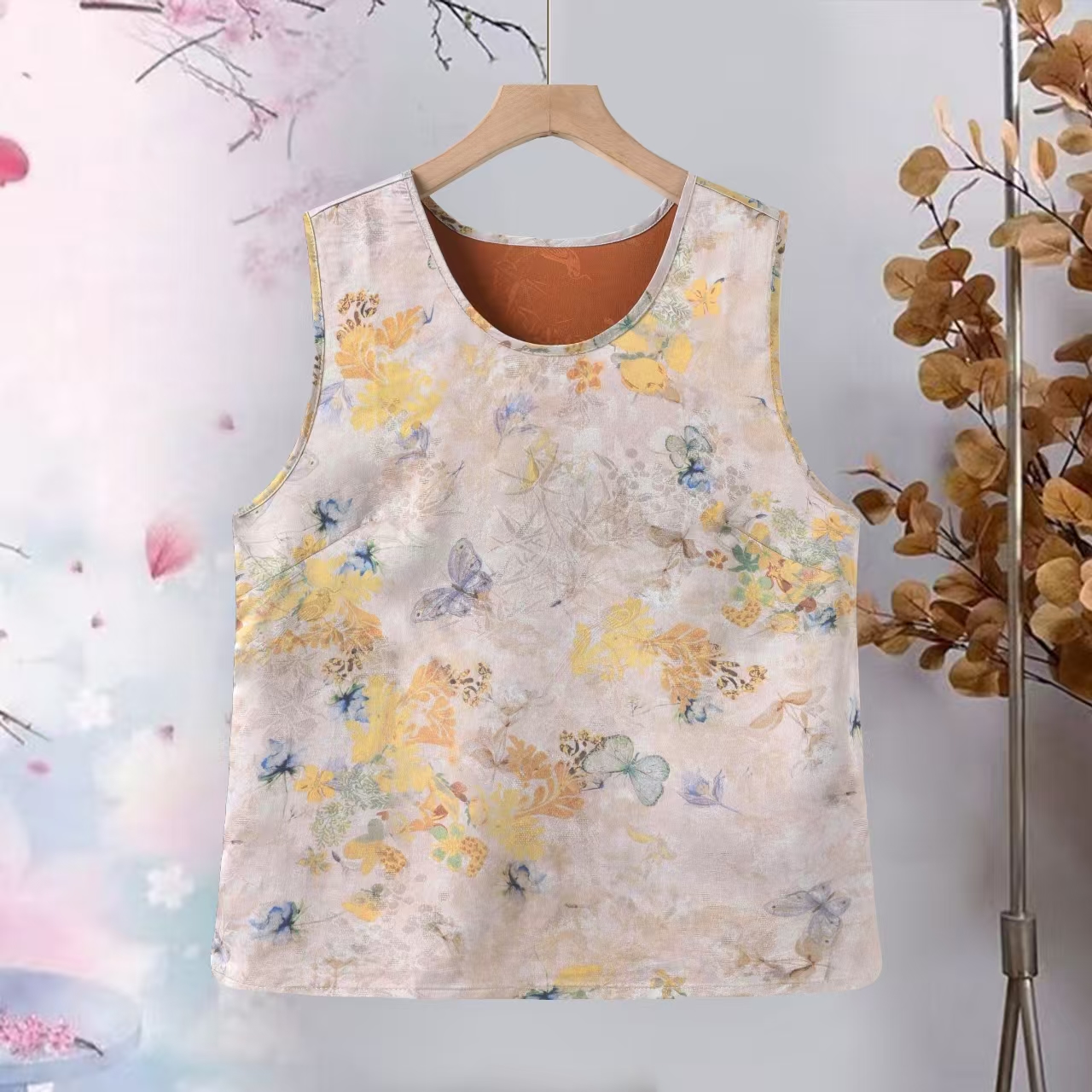 061时尚雅致蝶恋花鹊上眉梢花萝提花圆领背心通勤