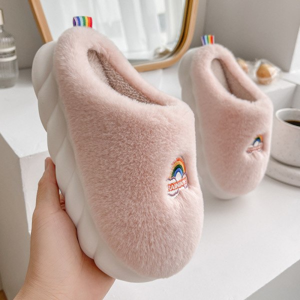 秋冬季加绒加厚棉拖鞋女防滑配色软底月子鞋居家情侣毛毛拖鞋批发