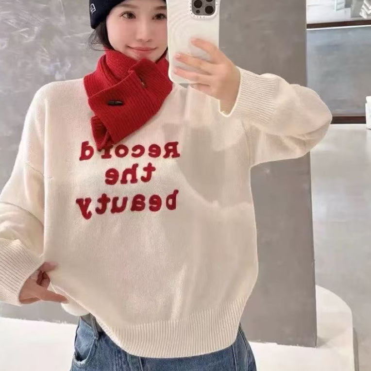 设计感字母刺绣宽松显瘦秋冬针织毛衣女新款百搭上衣