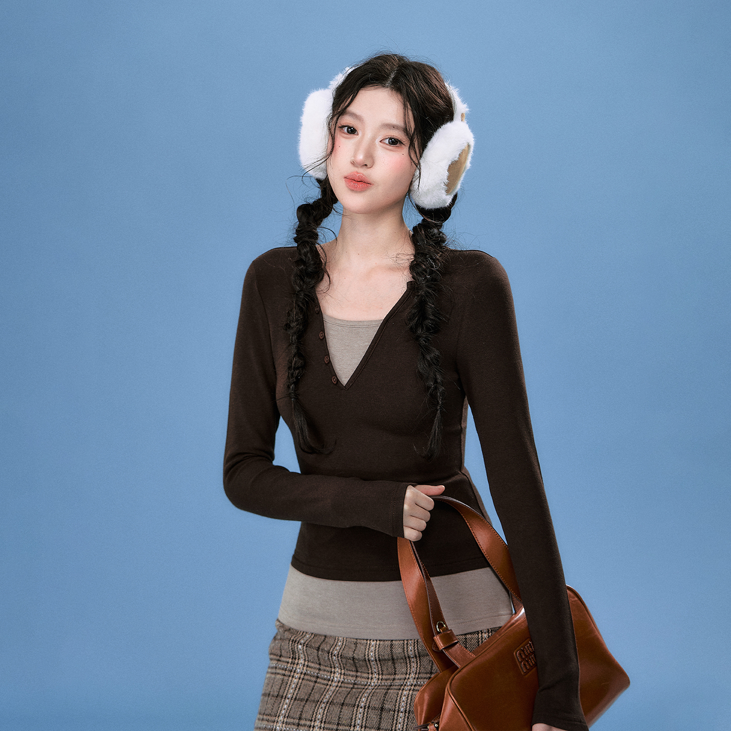 OIOI ESSE｜学院风撞色显瘦假两件上衣女秋冬百搭针织打底衫