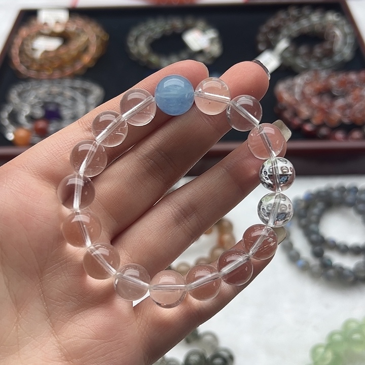 长石玉未镶嵌手串海蓝宝搭白水晶