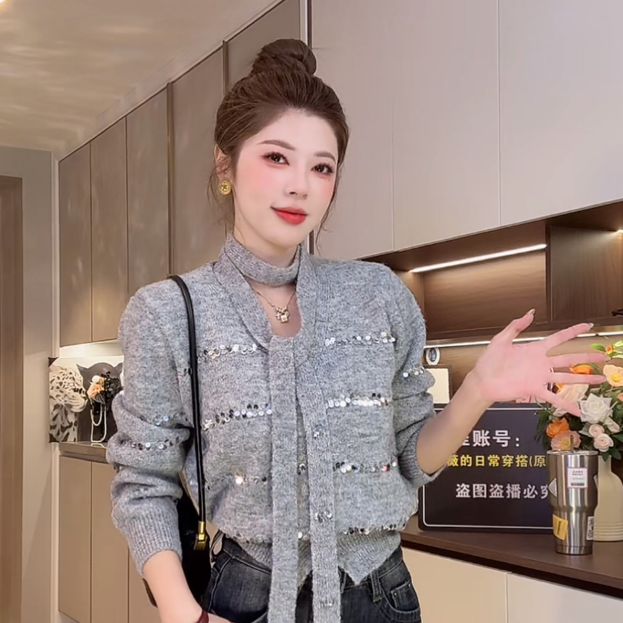 A613亮片飘带V领重工款短款毛衣上衣针织开衫女1123ZA613