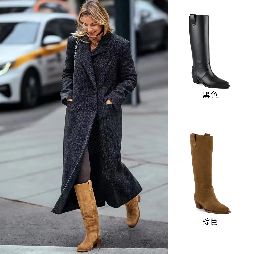 MANIKA GUAN25秋冬新款宽筒复古长靴粗跟女士真皮百搭靴子MK17108